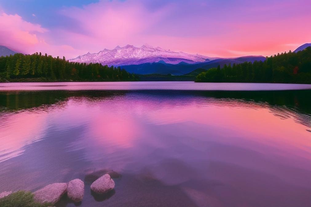 A breathtaking landscape of a serene mountain lake at sunset