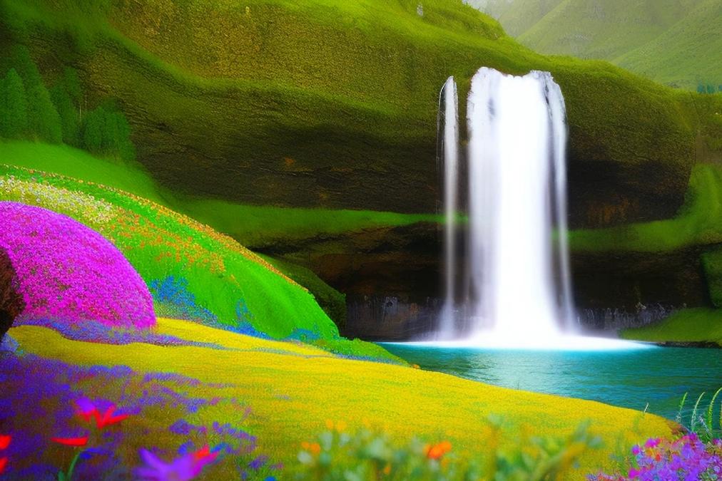 A breathtaking landscape with a majestic waterfall cascading down a moss-covered cliff