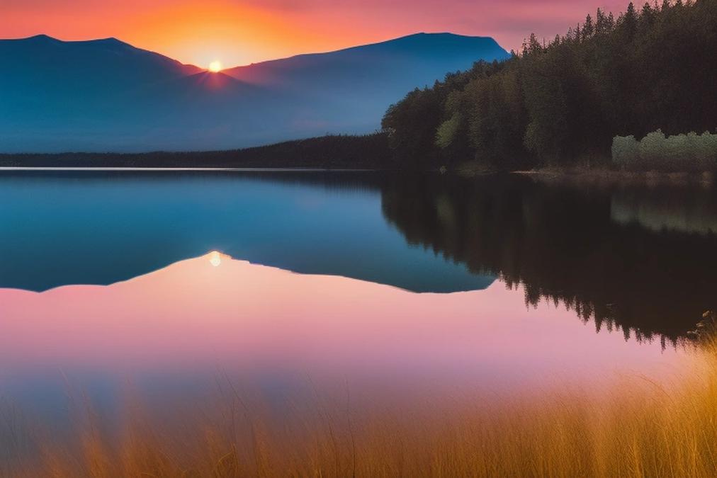 A majestic sunset over a serene mountain lake