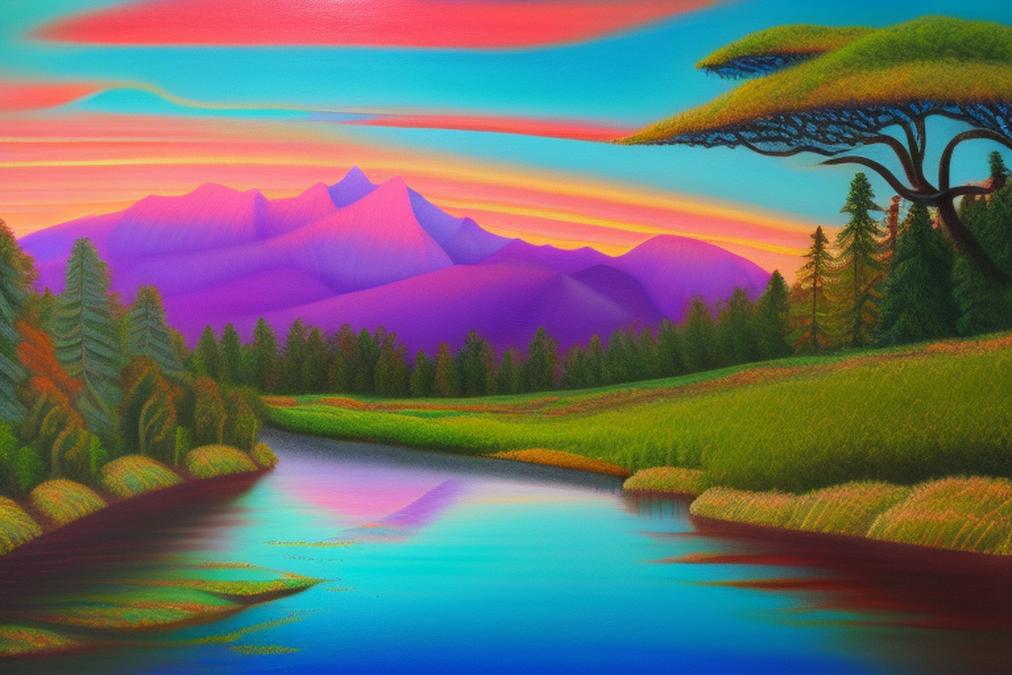 A stunning landscape painting of a serene mountain range at sunset