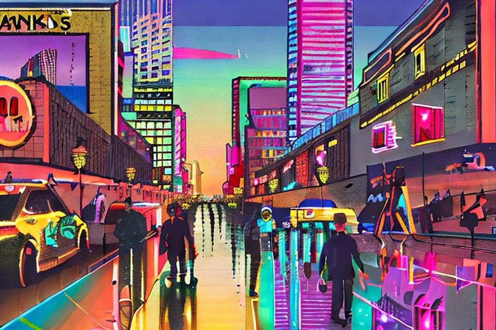 A vibrant and colorful cityscape at sunset