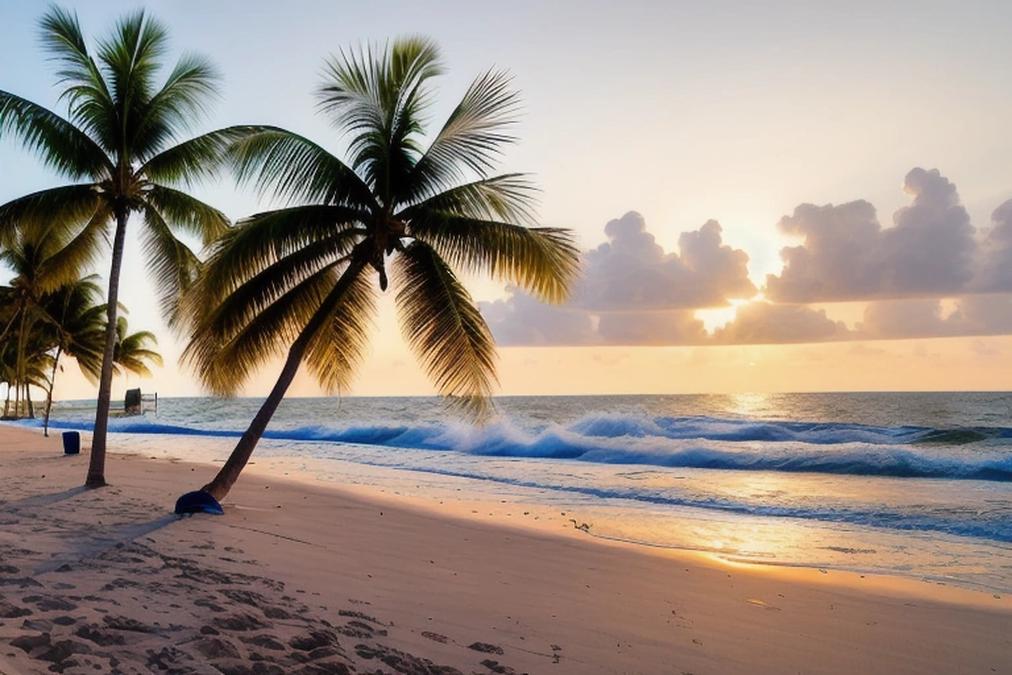 A serene landscape of a peaceful beach at sunrise