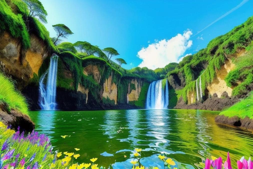 A serene landscape with a majestic waterfall cascading down lush green cliffs